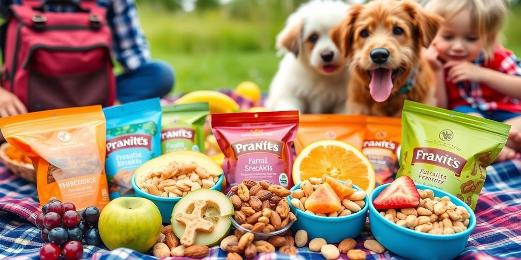 Healthy travel snacks for kids and pets in a picnic.
